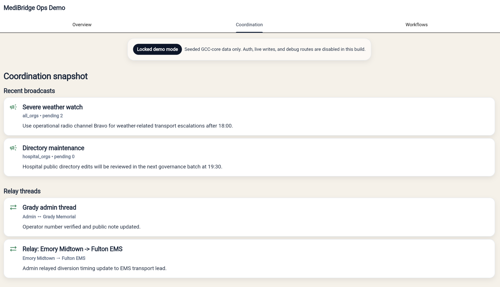 Coordination queue showing acknowledgement state and intervention points