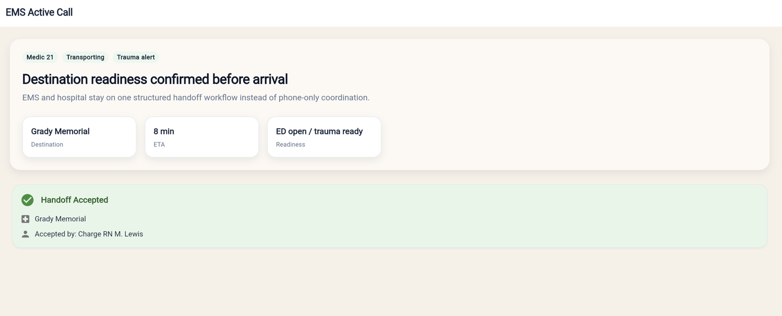 EMS handoff workflow showing destination readiness and structured handoff